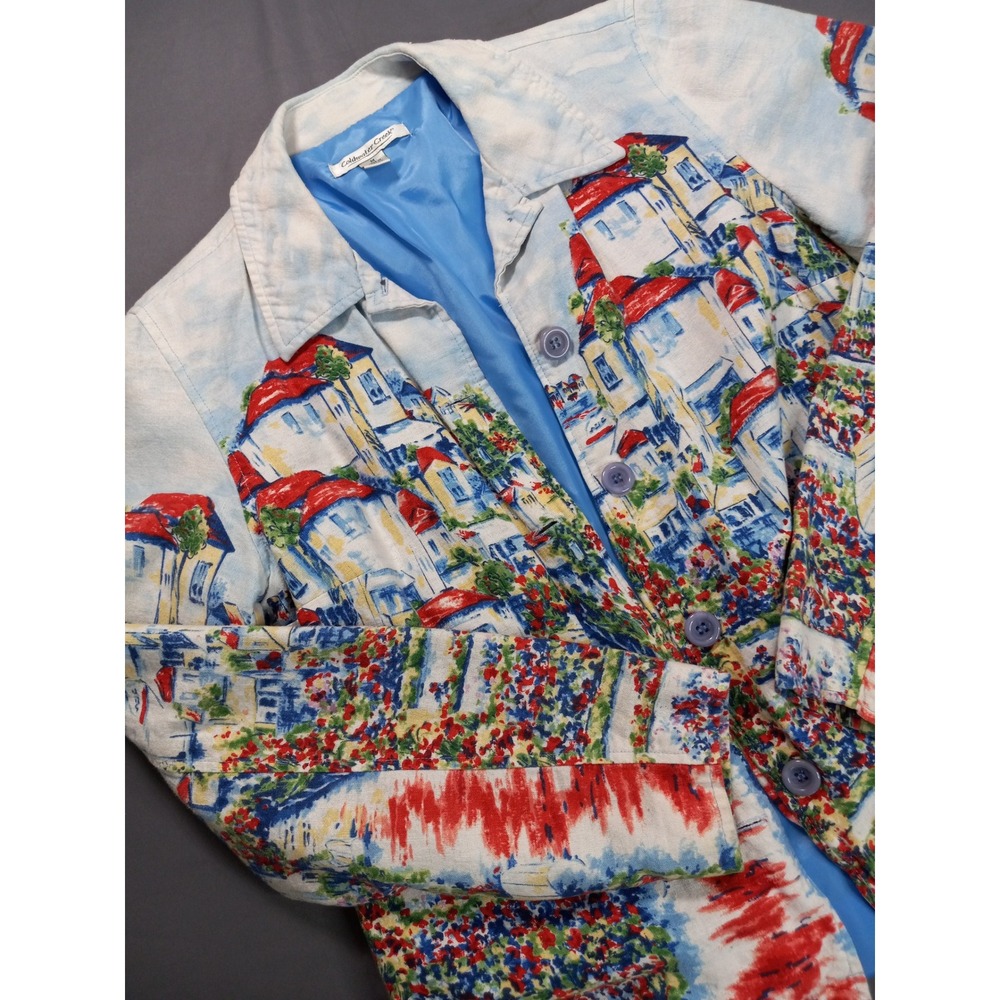 Coldwater Creek Vintage 90s Watercolor Village Print Linen Jacket Fully Lined